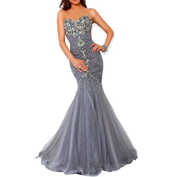 Jovani Pewter Beaded Strapless Prom Gala Pageant Mermaid Evening Gown Size 0 - Picture 17 of 17